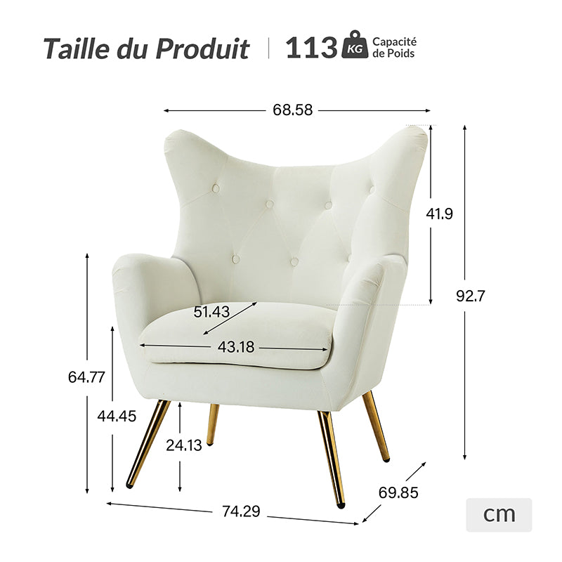 Fauteuil Isabelle Wingback en velours avec confort rembourré et pieds en métal doré élégants