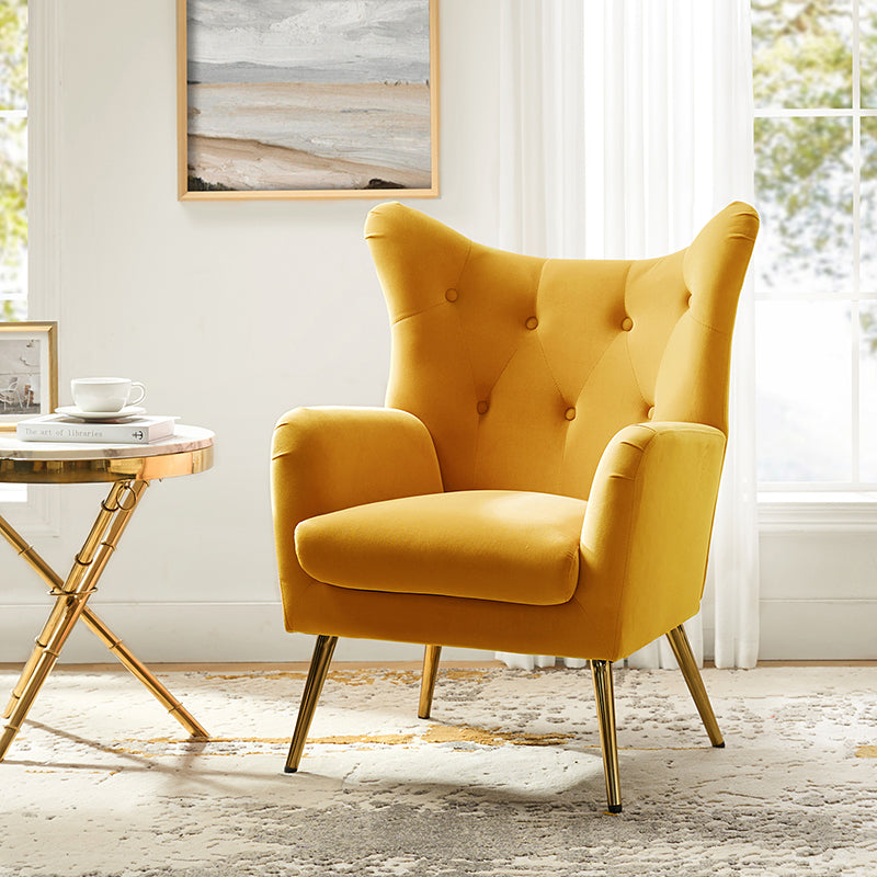 Fauteuil Isabelle Wingback en velours avec confort rembourré et pieds en métal doré élégants