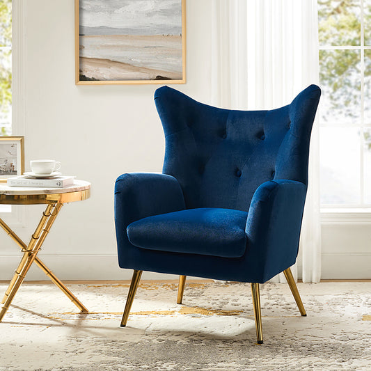 Fauteuil Isabelle Wingback en velours avec confort rembourré et pieds en métal doré élégants