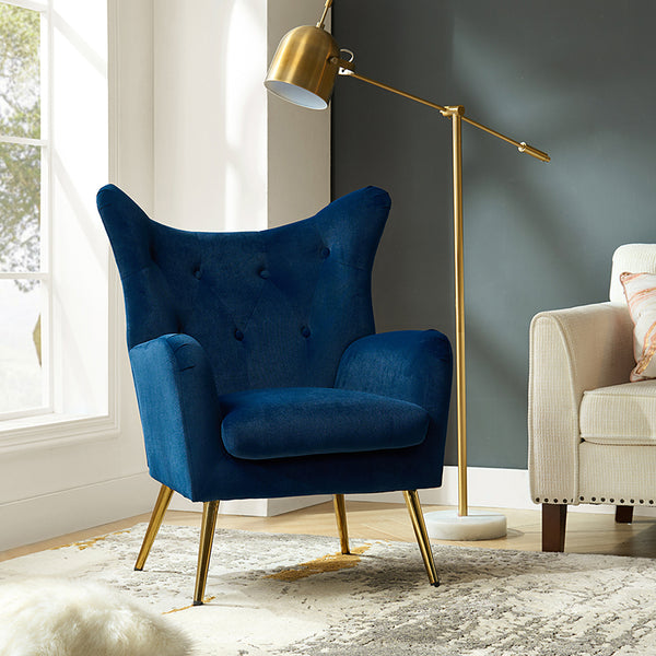 Fauteuil Isabelle Wingback en velours avec confort rembourré et pieds en métal doré élégants