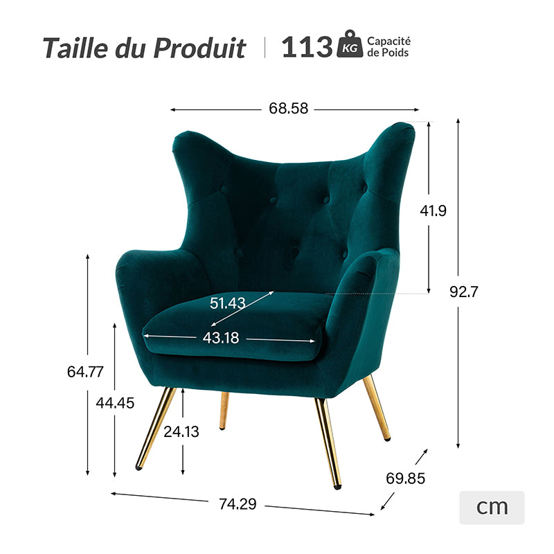 Fauteuil Isabelle Wingback en velours avec confort rembourré et pieds en métal doré élégants