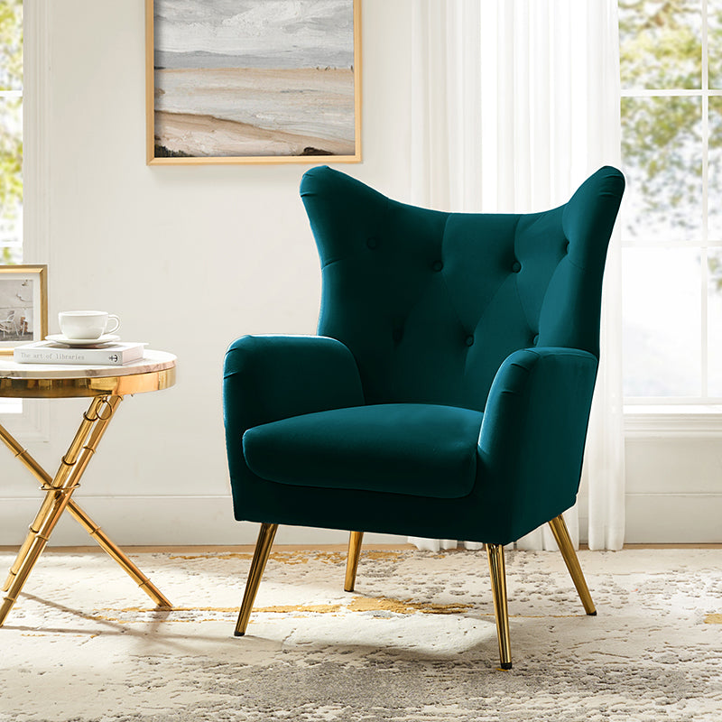 Fauteuil Isabelle Wingback en velours avec confort rembourré et pieds en métal doré élégants