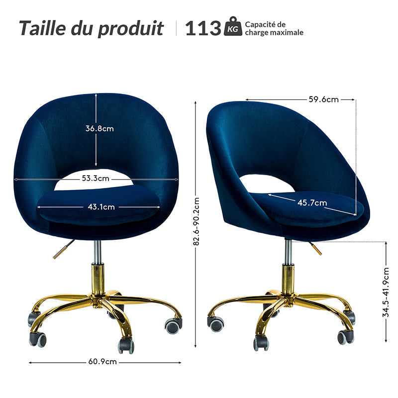 Chaise de bureau en velours Ramona, ergonomique, pivotante et réglable avec dossier bas