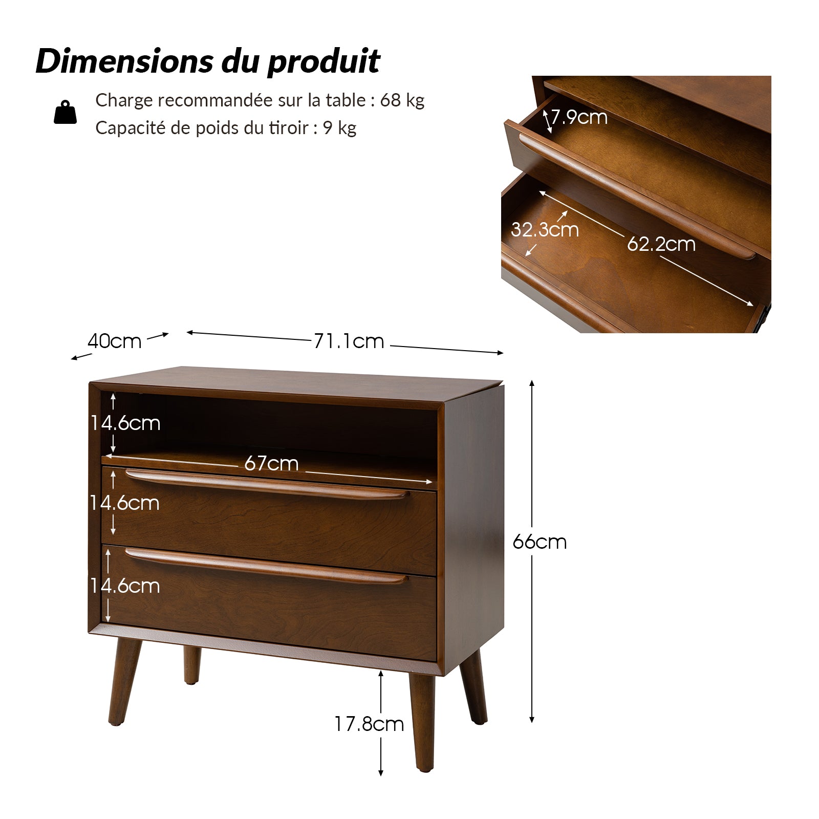 Lilian table de chevet 2 tiroirs avec prise intégrée