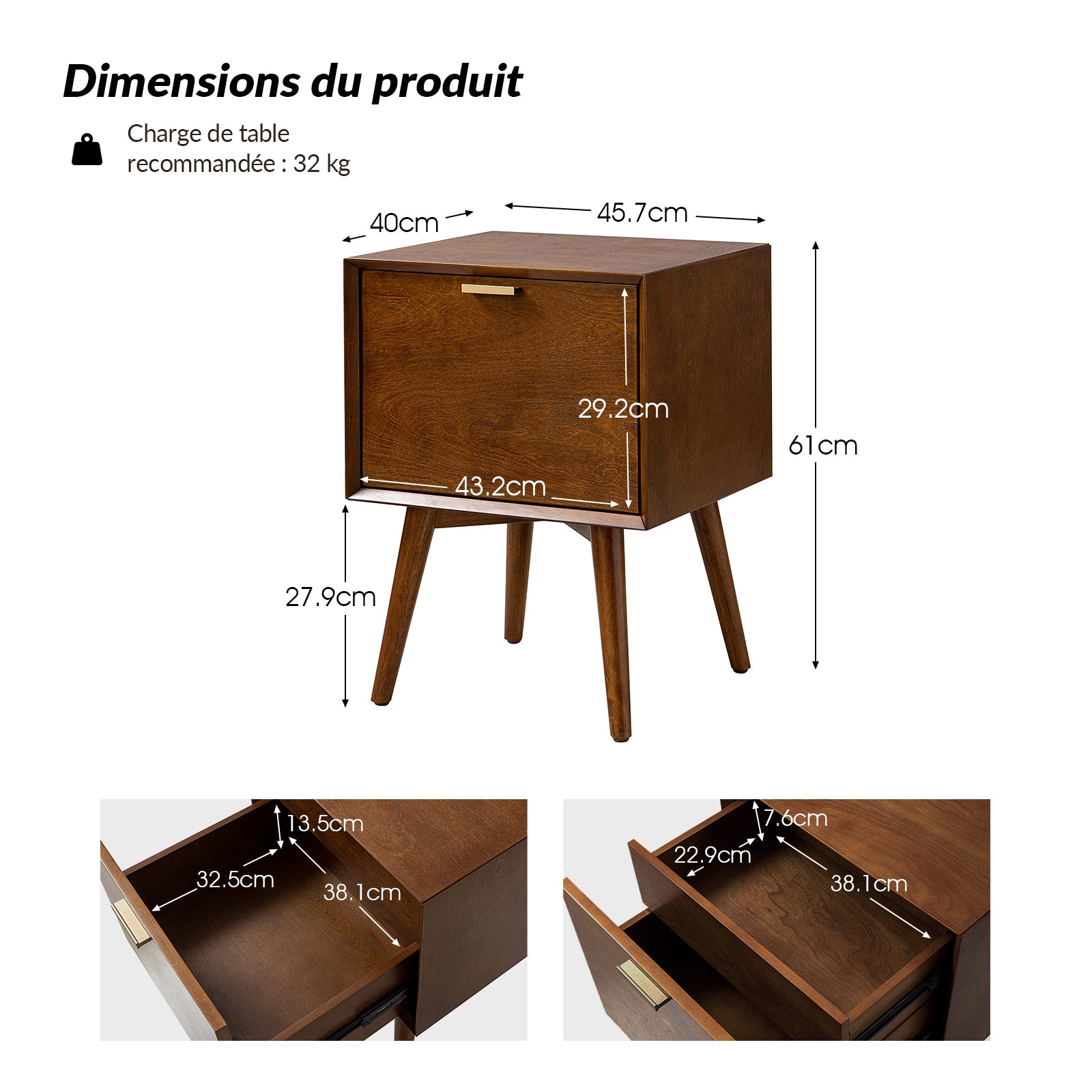 Table de Nuit Doris à 2 Tiroirs avec Prises Intégrées