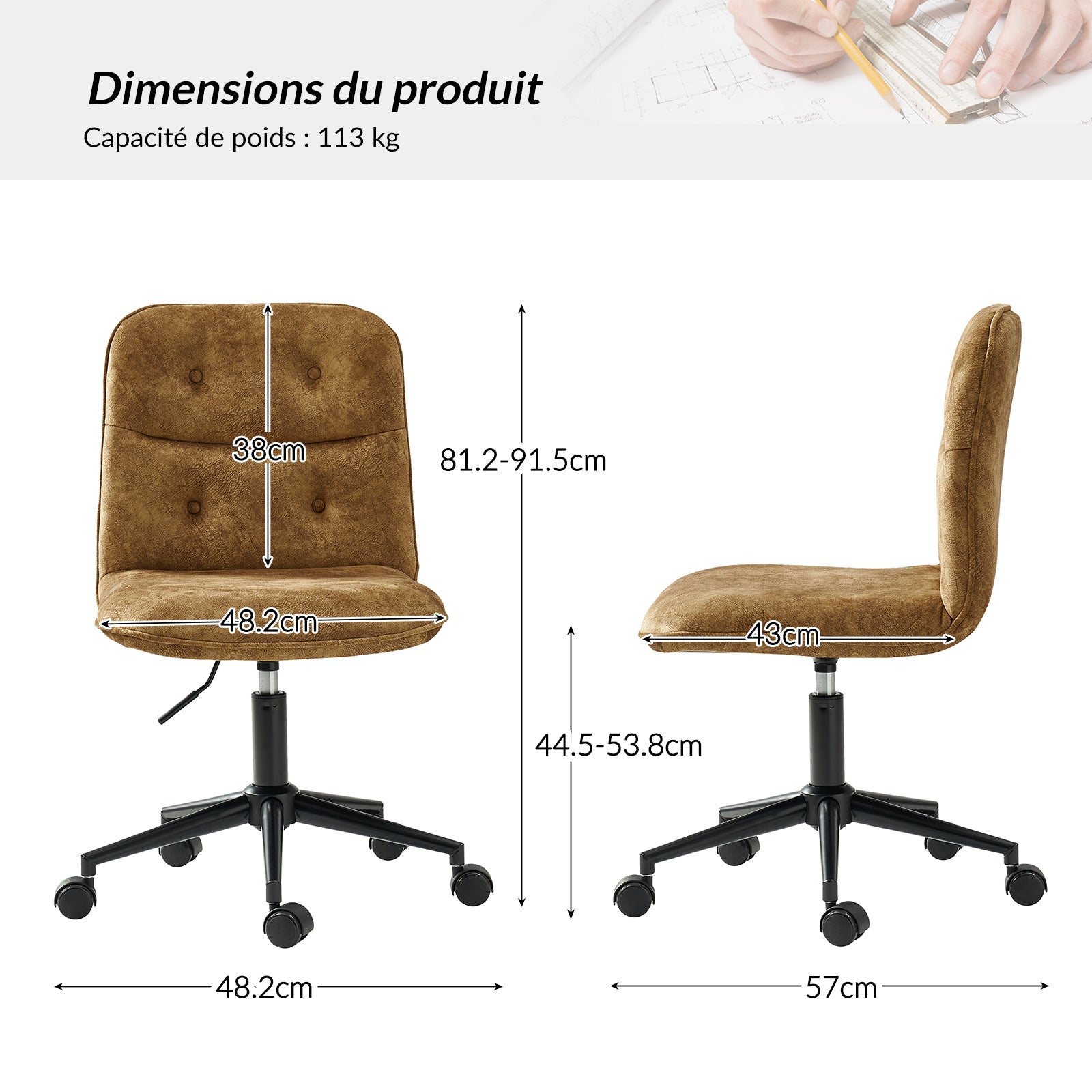 Leonhard Upholstered Swivel Task Chair avec hauteur et roues réglables