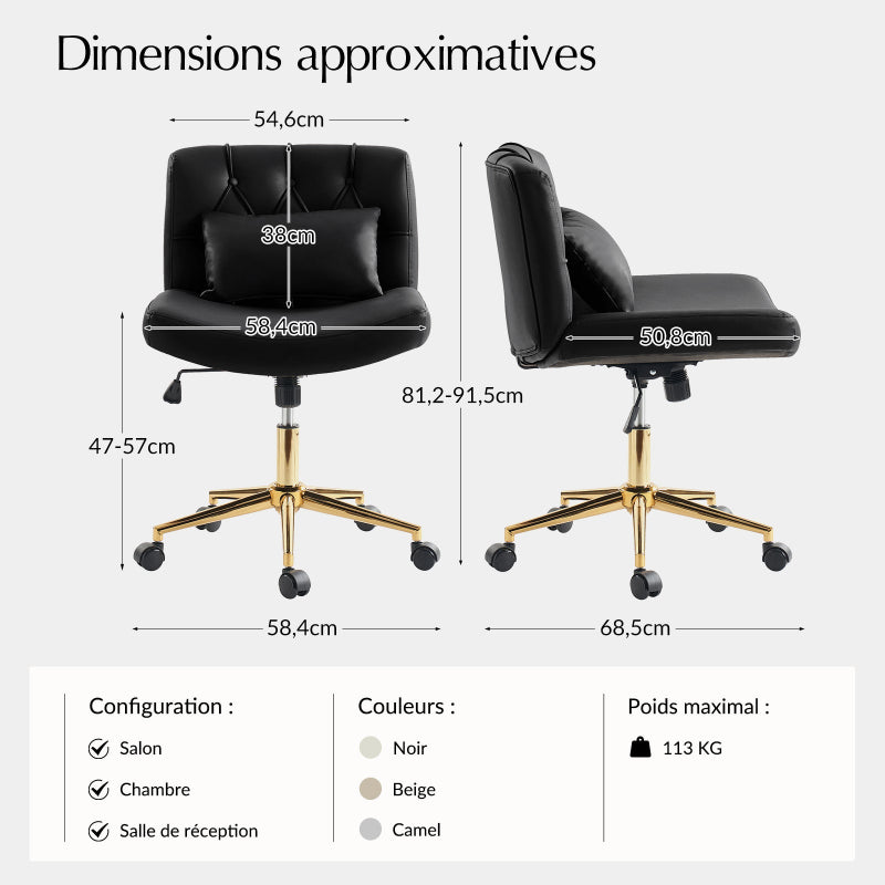 Chaise de bureau à hauteur réglable Cecil avec dossier touffeté et coussin