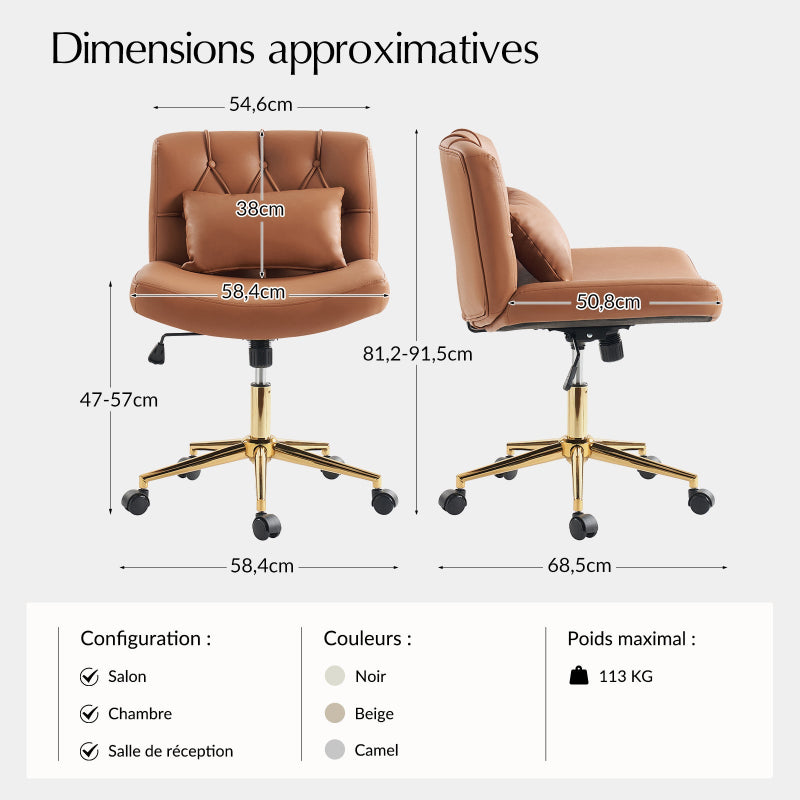 Chaise de bureau à hauteur réglable Cecil avec dossier touffeté et coussin