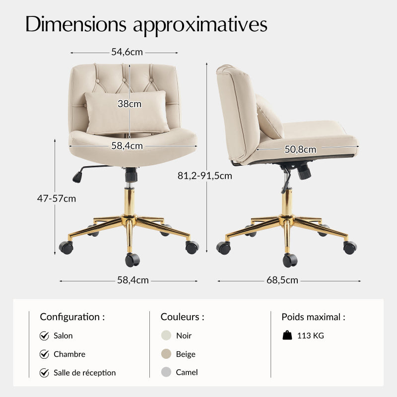 Chaise de bureau à hauteur réglable Cecil avec dossier touffeté et coussin