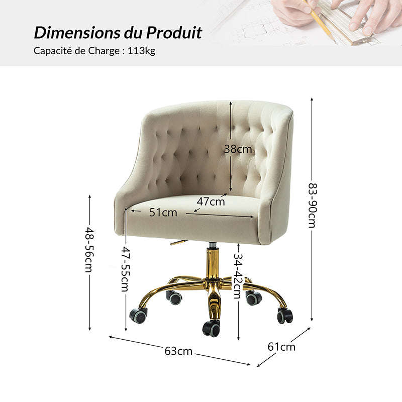 Penelope Chaise de Bureau en Velours avec Pieds Dorés et Hauteur Réglable