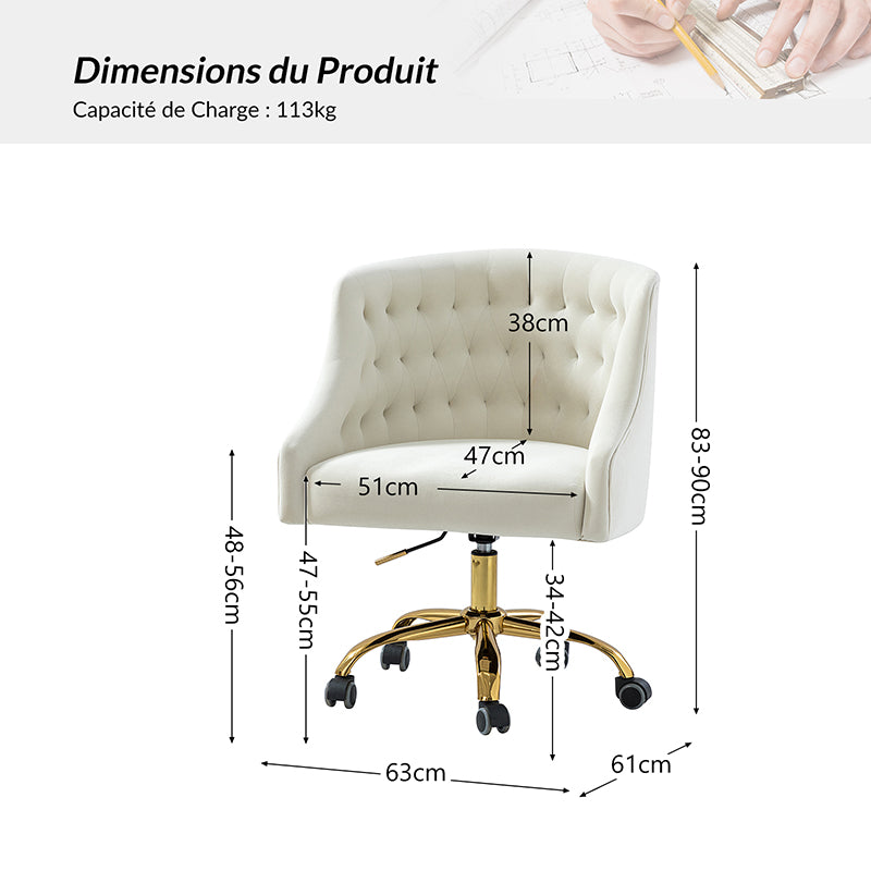 Penelope Chaise de Bureau en Velours avec Pieds Dorés et Hauteur Réglable