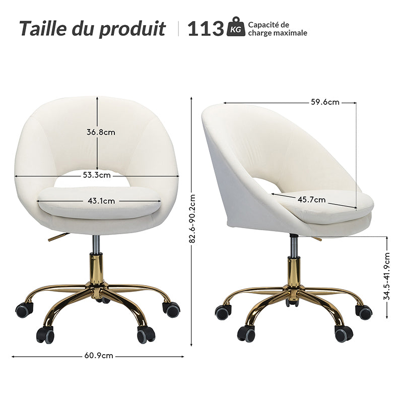 Chaise de bureau en velours Ramona, ergonomique, pivotante et réglable avec dossier bas