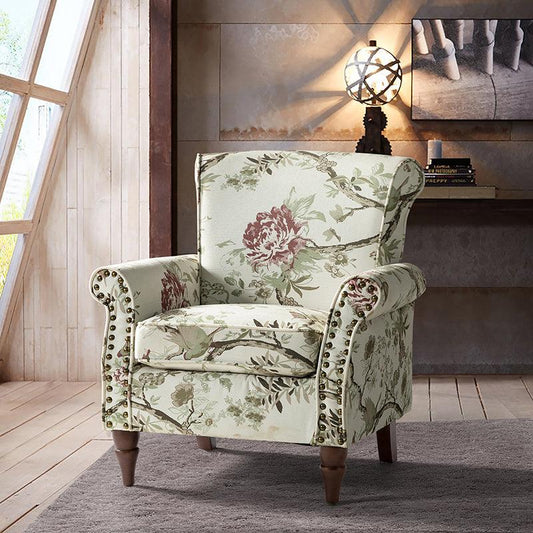 Modern Floral Pattern Upholstered Armchair with Wood Legs - Hulala Home