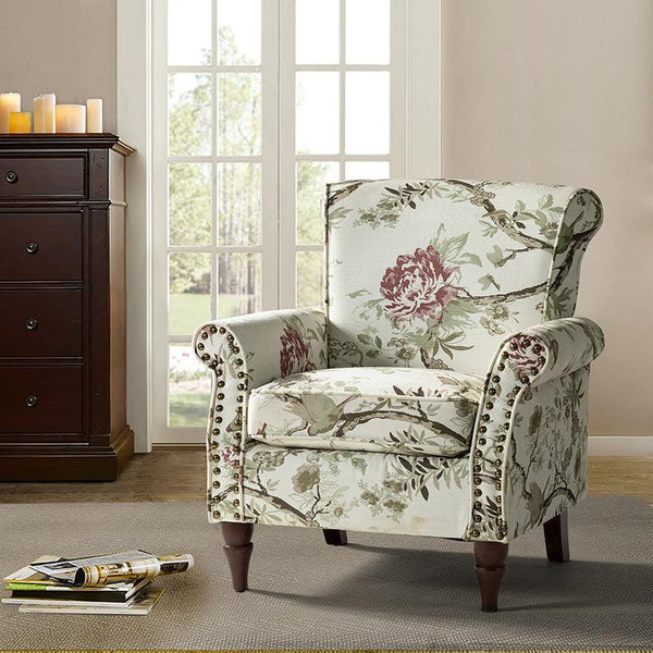 Modern Floral Pattern Upholstered Armchair with Wood Legs - Hulala Home